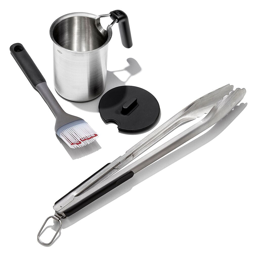 Grilling Basting Pot and Brush Set & Grilling Tongs with Built-In Bottle Opener Bundle A1