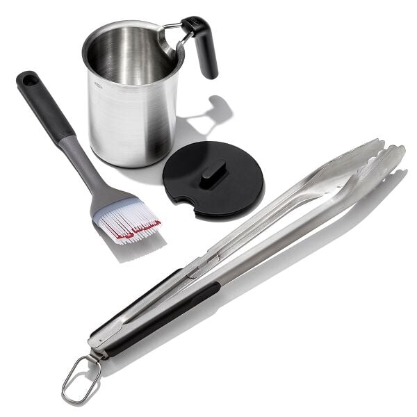 Grilling Basting Pot and Brush Set & Grilling Tongs with Built-In Bottle Opener Bundle M0