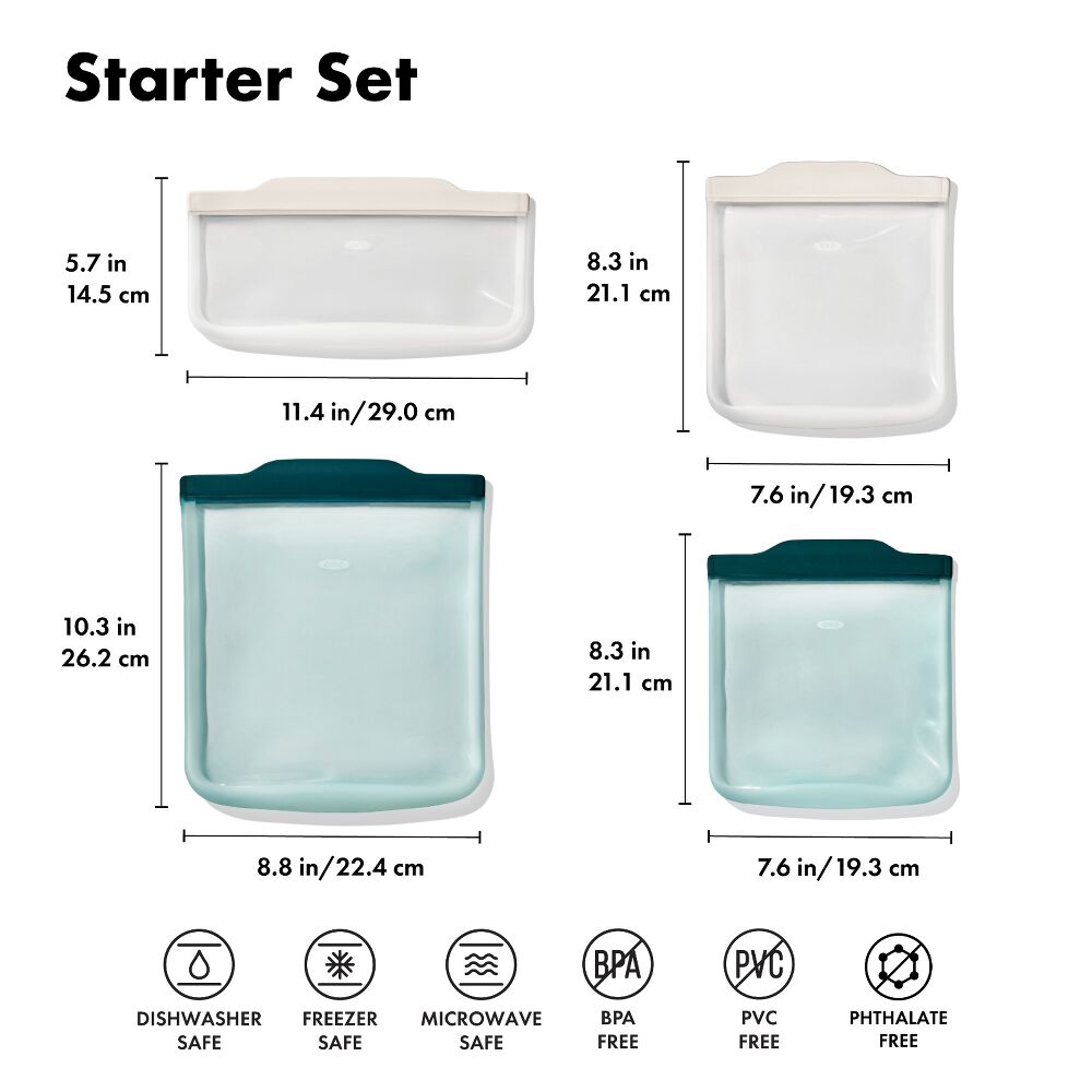 Silicone Reusable Bag - 4 Piece Starter Set - Oat/Lagoon K6